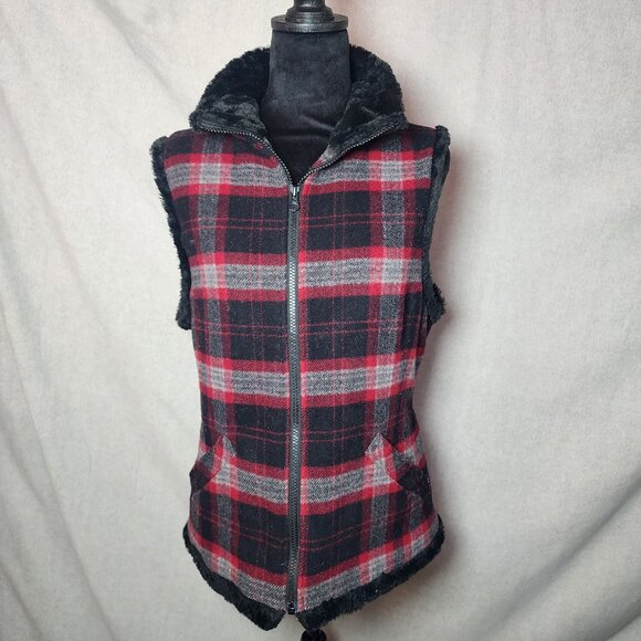 Woolrich Jackets & Blazers - Woolrich Vest Womens S Black Red Plaid Faux Fur Lined Pockets Wool Blend Cozy
